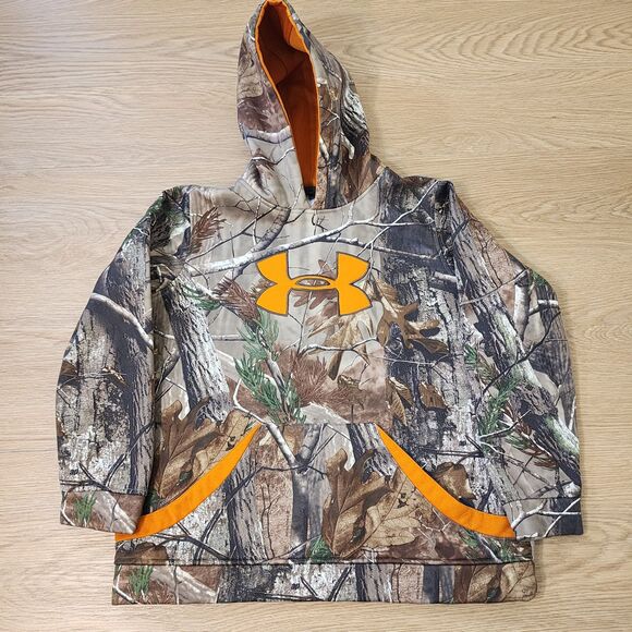 Under Armour Camouflage Hoodie Boys Green Orange Realtree Camo Pullover Sz XL - Picture 1 of 12